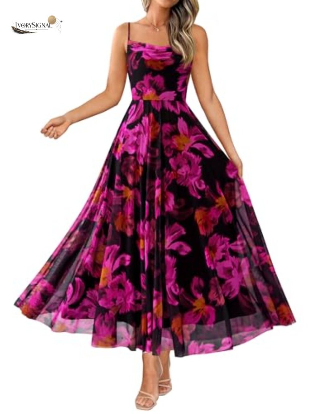 BTFBM Women's Floral Maxi Dress Spaghetti Strap Cowl Neck Mesh Party Beach